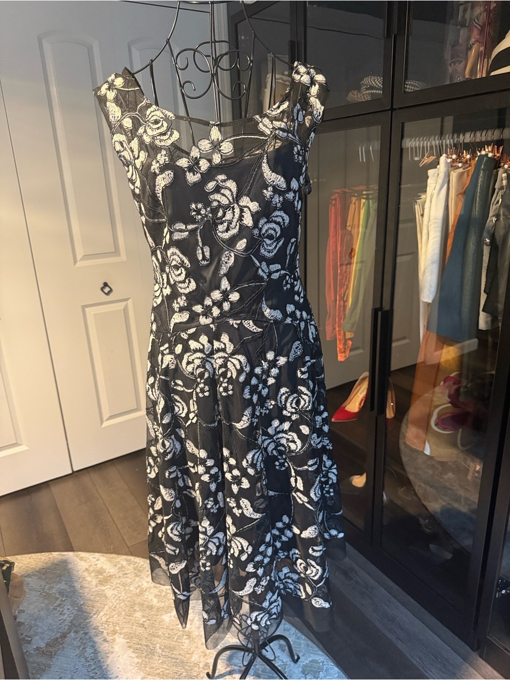 Vera Wang Black and White Floral Midi Dress